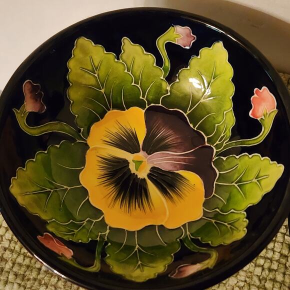 J. McCall Blue Sky 2004 Pansy Floral Covered Dish Footed Bowl 5x4 Handpainted - Picture 11 of 15